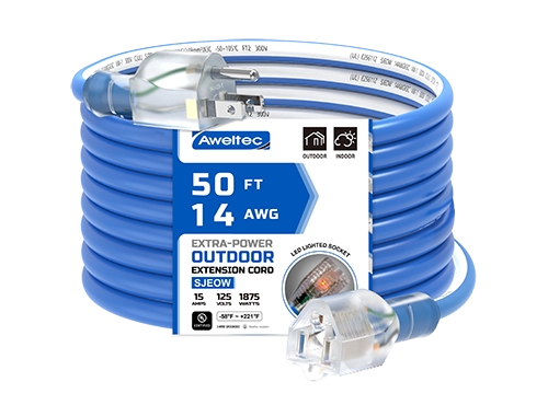 Aweltec 50 FT 14/3 SJEOOW 屋外延長コード、15A 1875W ライト付きエンド